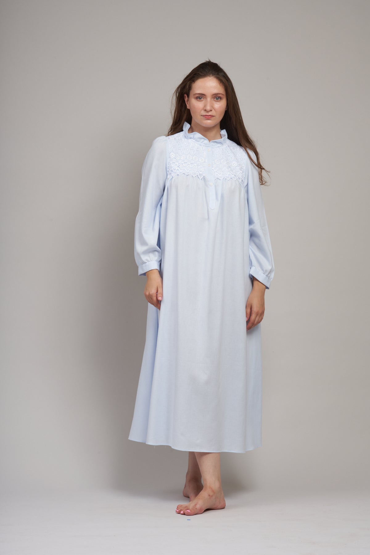 9015  Long gown with ruffle neckline