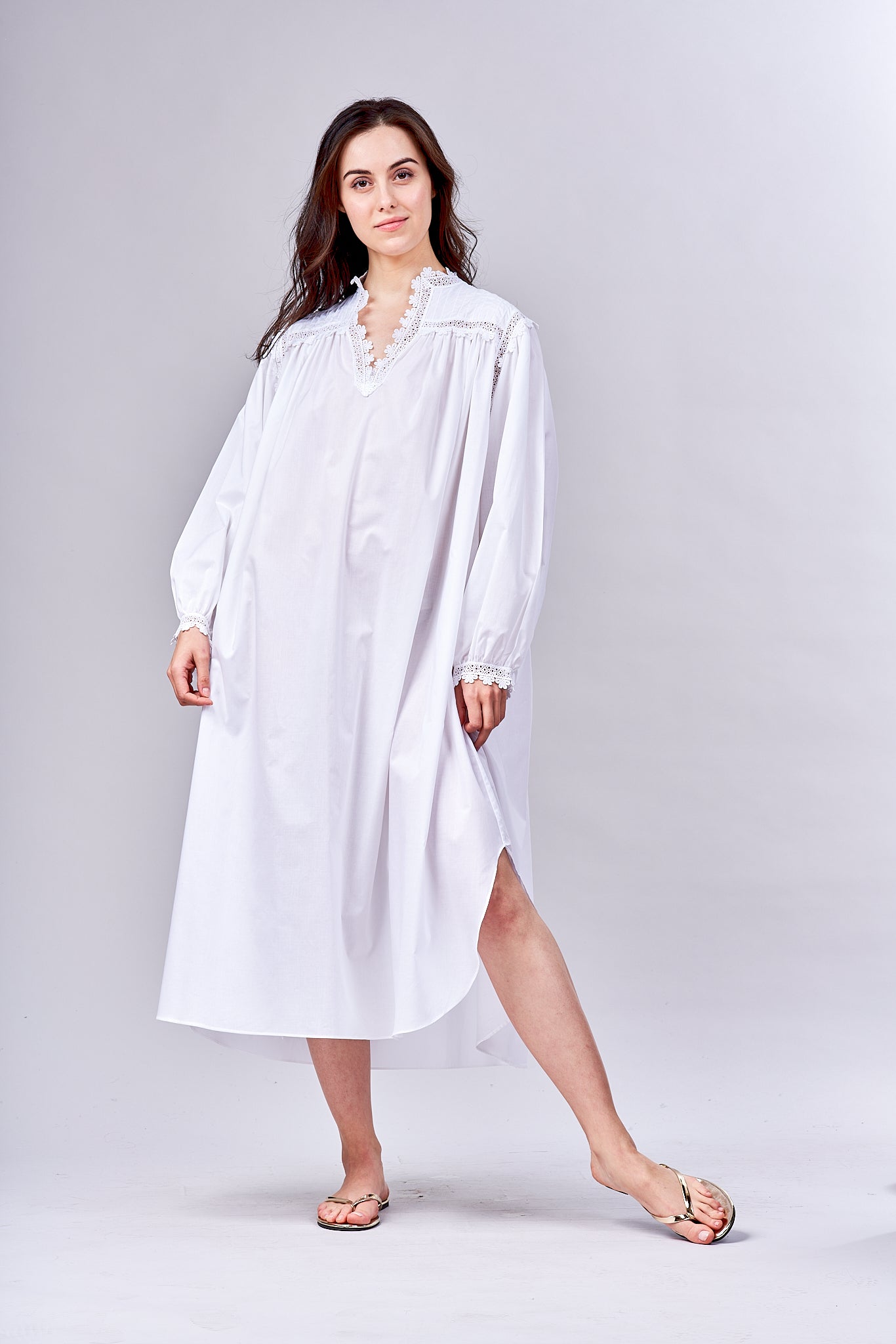 Women Long Nightdress Plain 100% Cotton Long Sleeve Lace Nightgowns  Sleepwear 