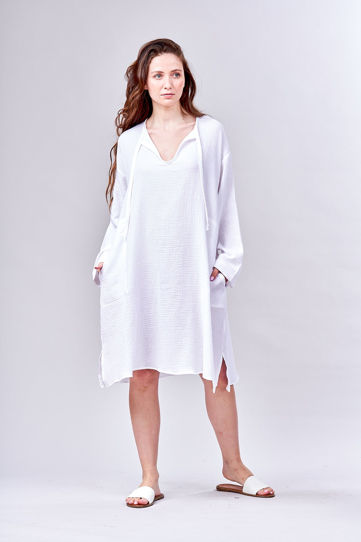 3033- Long  Caftan- New White Gauze