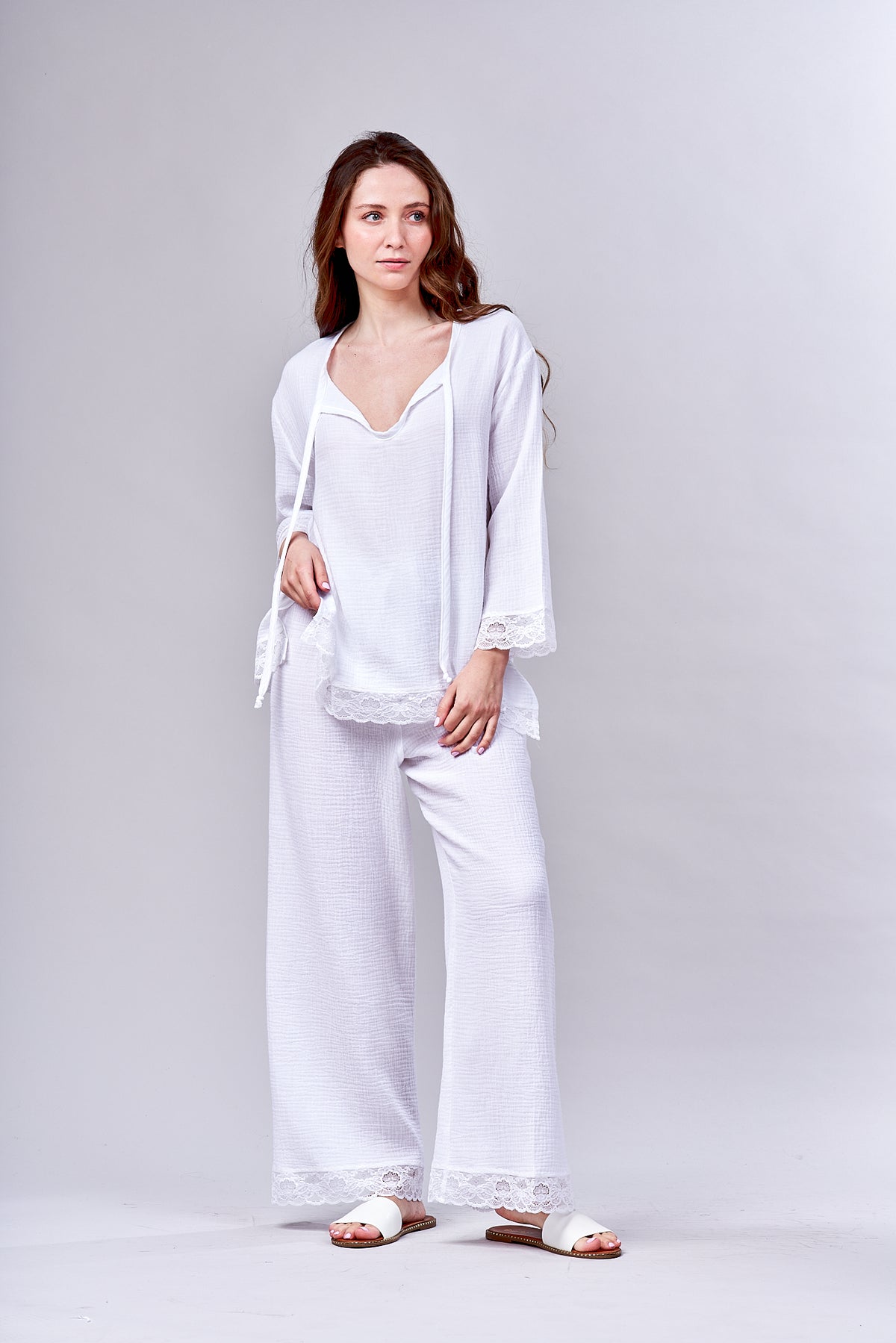 3030 - Gorgeous lace trimmed PJS- New White Gauze