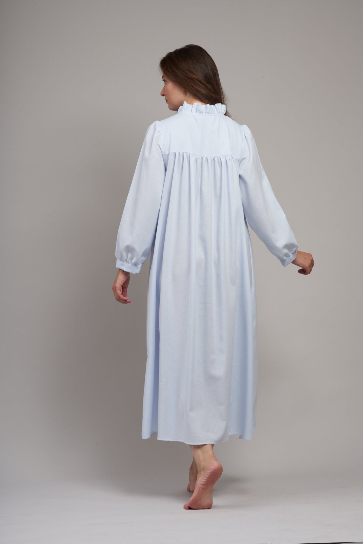 9015  Long gown with ruffle neckline