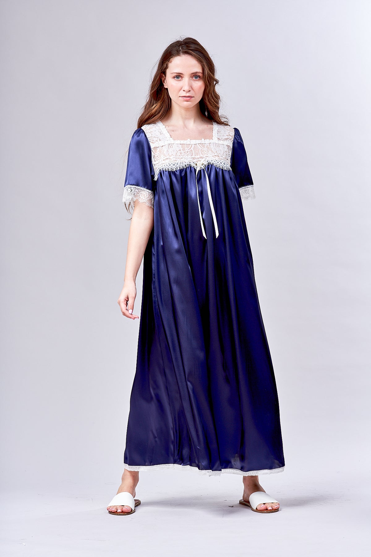 4508- Satin long gown w short sleeves