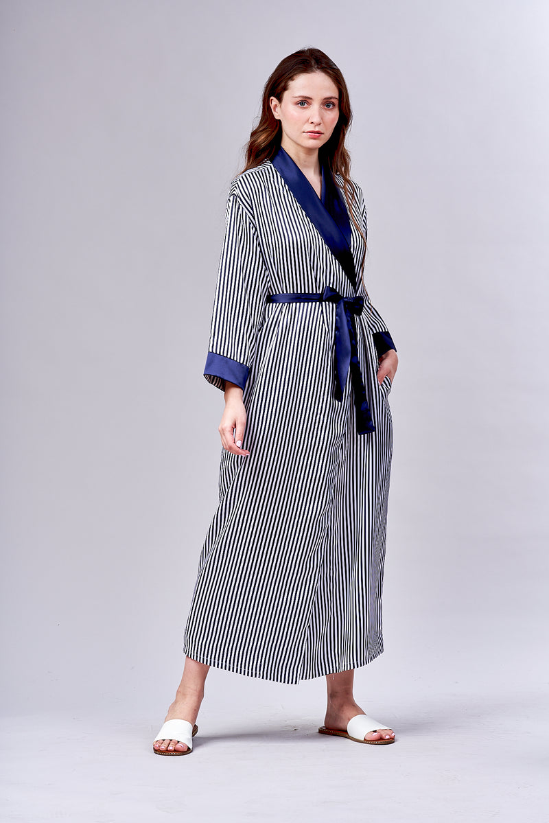 4525- Satin Stripe Long Shawl Collar Robe