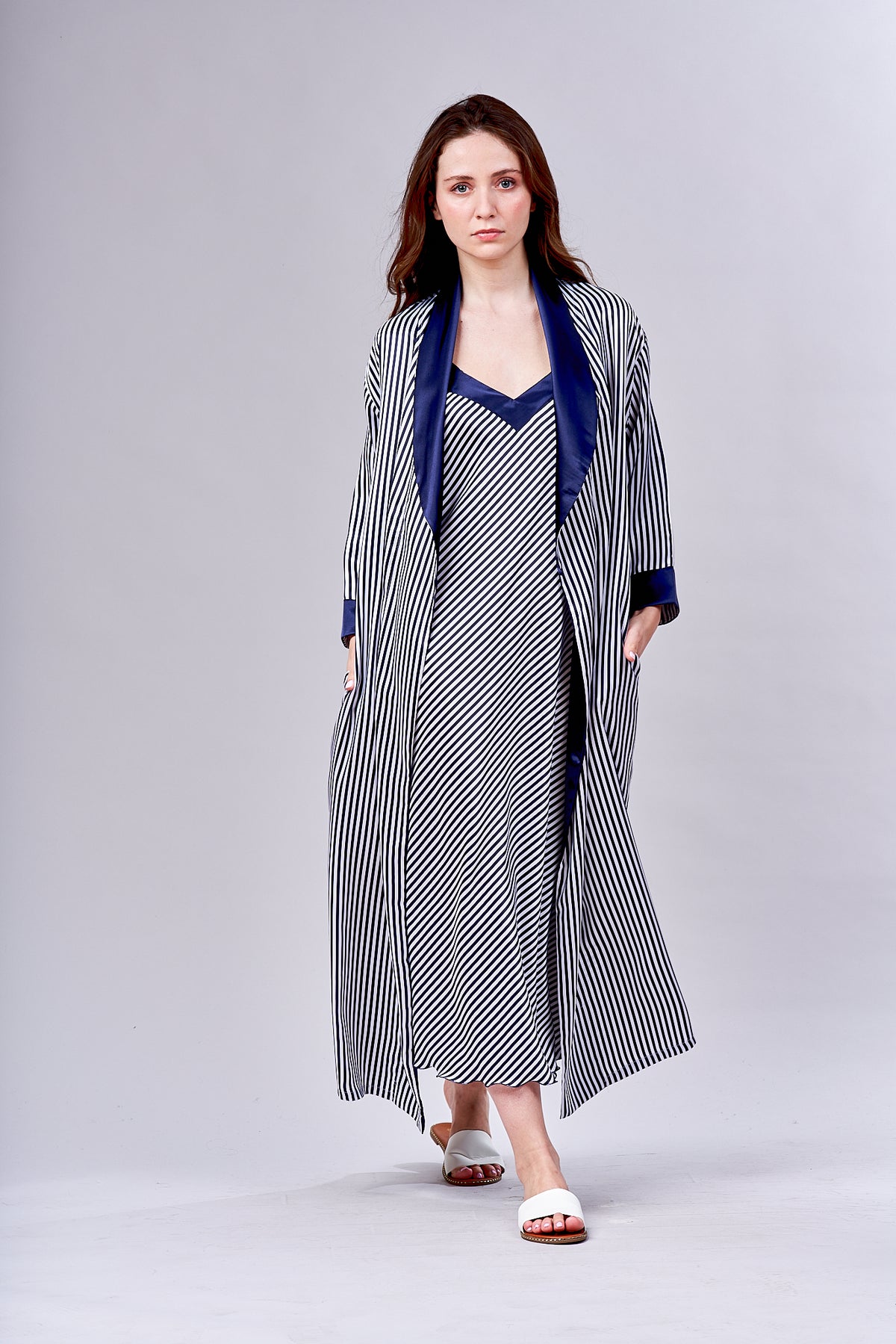 4525- Satin Stripe Long Shawl Collar Robe